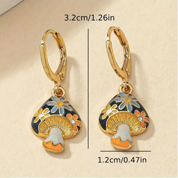 Enchanting Golden Mushroom Pendant Earrings Toadstool Grunge Morel Jewelry Boho - Picture 4 of 4